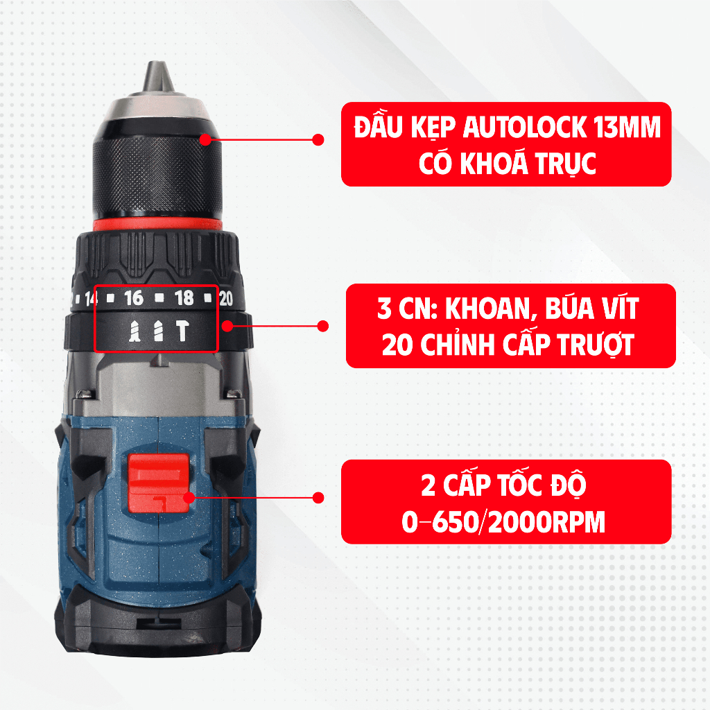 Máy Khoan Boshun BS-ID135AK 13mm, Không Chổi Than 3 Chức Năng Khoan Đục Vít, Rút Lõi 20 Cấp Độ Trượt