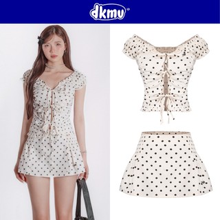 Set đồ nữ áo kiểu và chân váy chữ A DKMV hoạ tiết chấm bi thiết kế nhún bèo phối dây thắt nơ Jiyoung Set | K-SET9