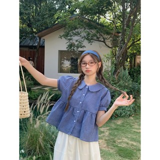 Áo Babydoll Kẻ Caro Cổ Sen Tay Bồng Chất Thô Cotton Phong Cách Hàn Quốc HaChang - A33