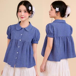 Áo Babydoll Kẻ Caro Cổ Sen Tay Bồng Chất Thô Cotton Phong Cách Hàn Quốc HaChang - A33