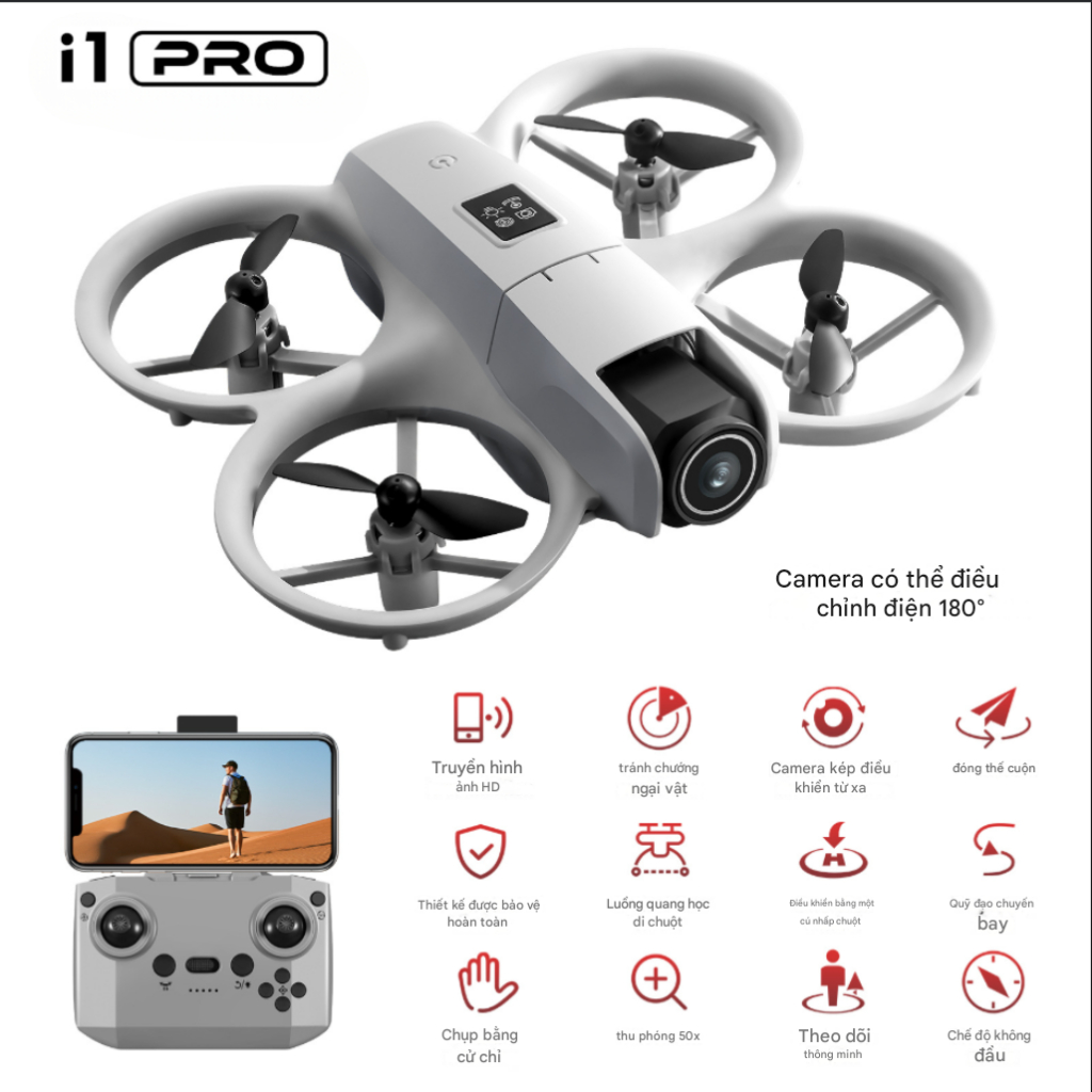 Flycam I1 Pro, Camera HD Có Thế Xoay 180 Độ, Cảm Biến Tránh Né Vật Cản 4 Hướng, Flycam Mini Giá Rẻ