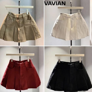 Chân váy jeans ngắn Xếp ly xòe, chân váy ngắn chất jean có quần trong xếp ly màu xanh bụi,Trắng, Đen,kem,Đỏ siêu xinh