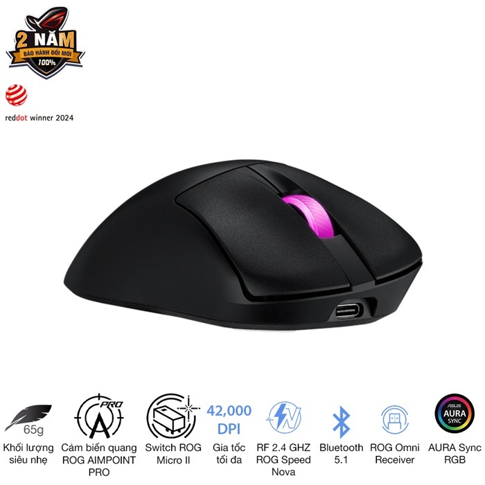 Chuột gaming không dây Asus Rog Keris II Origin, Form công thái học siêu nhẹ chỉ 65 gram, led RGB