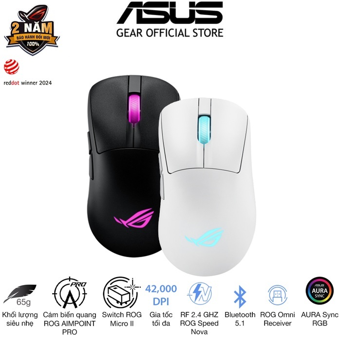 Chuột gaming không dây Asus Rog Keris II Origin, Form công thái học siêu nhẹ chỉ 65 gram, led RGB