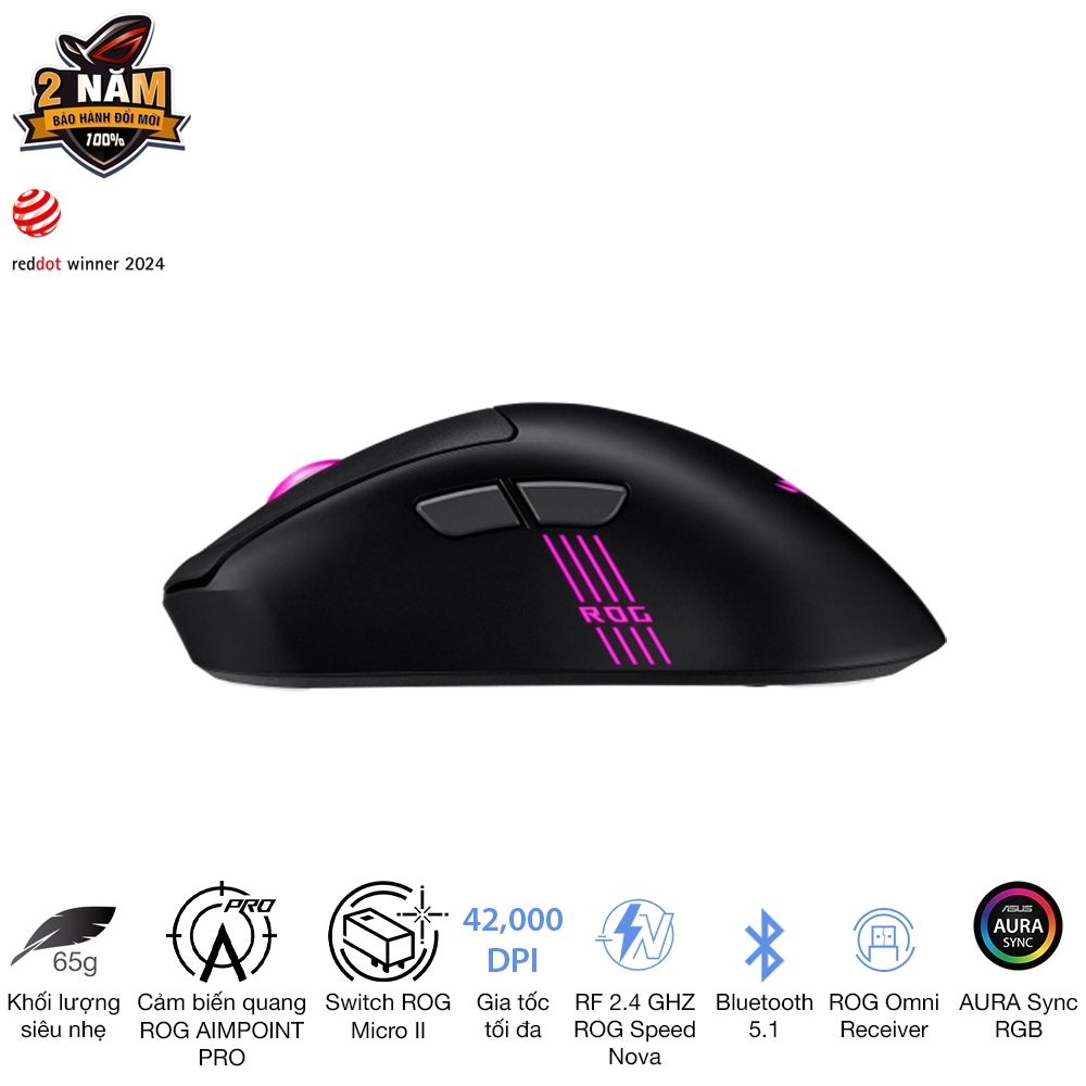 Chuột gaming không dây Asus Rog Keris II Origin, Form công thái học siêu nhẹ chỉ 65 gram, led RGB