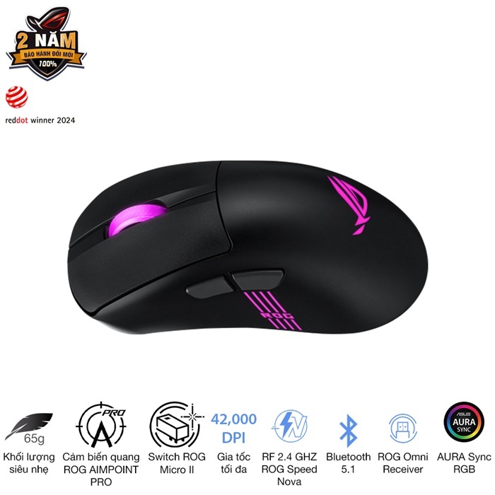 Chuột gaming không dây Asus Rog Keris II Origin, Form công thái học siêu nhẹ chỉ 65 gram, led RGB