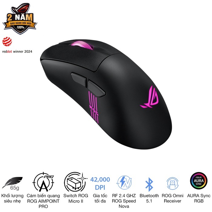 Chuột gaming không dây Asus Rog Keris II Origin, Form công thái học siêu nhẹ chỉ 65 gram, led RGB
