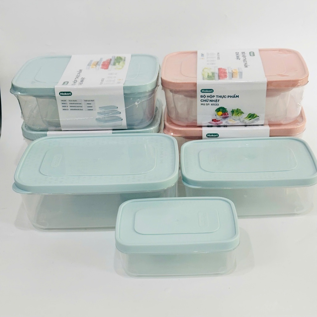 Bộ 3 hộp nhựa Hokori đựng thực phẩm tủ lạnh, nắp nhựa dẻo - an toàn, tiện lợi