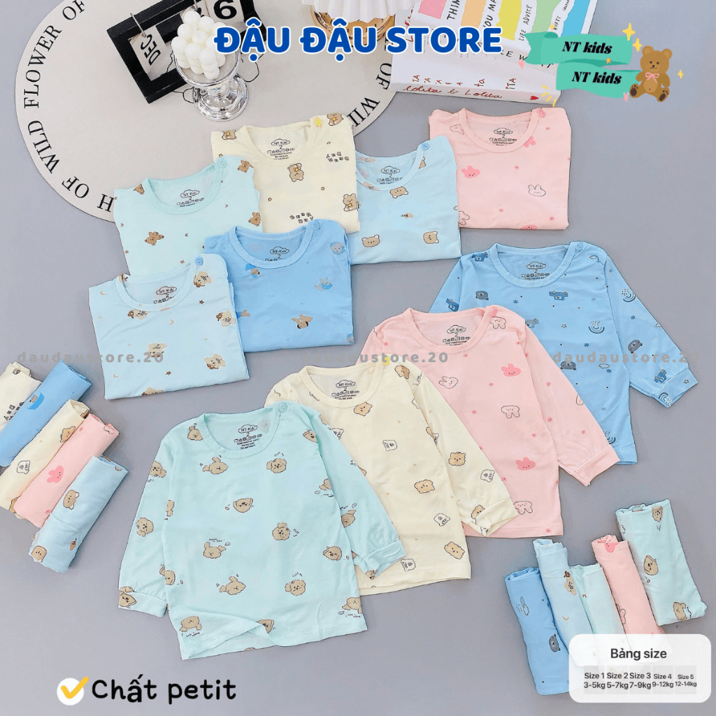 [Bộ Dài Cài Vai] Set 2/3 Bộ Dài Tay Màu Thun Petit In hoạ tiết mềm mịn cho bé sơ sinh 3-15kg NT-DL19 Đậu Đậu Store