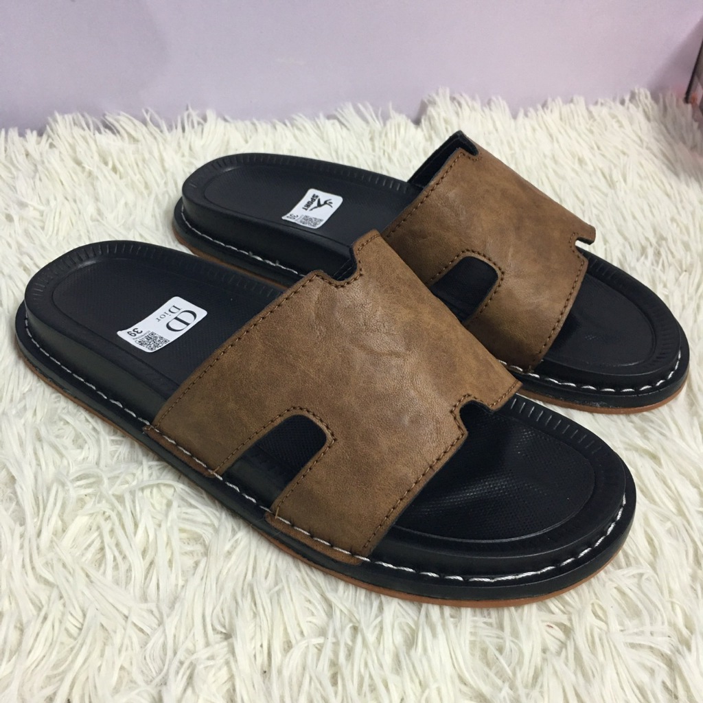 Dép Nam, Dép Da Chữ H Quai Ngang Cao Cấp, Đế Cao Su Khâu Thủ Công Chống Trơn Êm Châ,n Thời Trang, Size 38-44