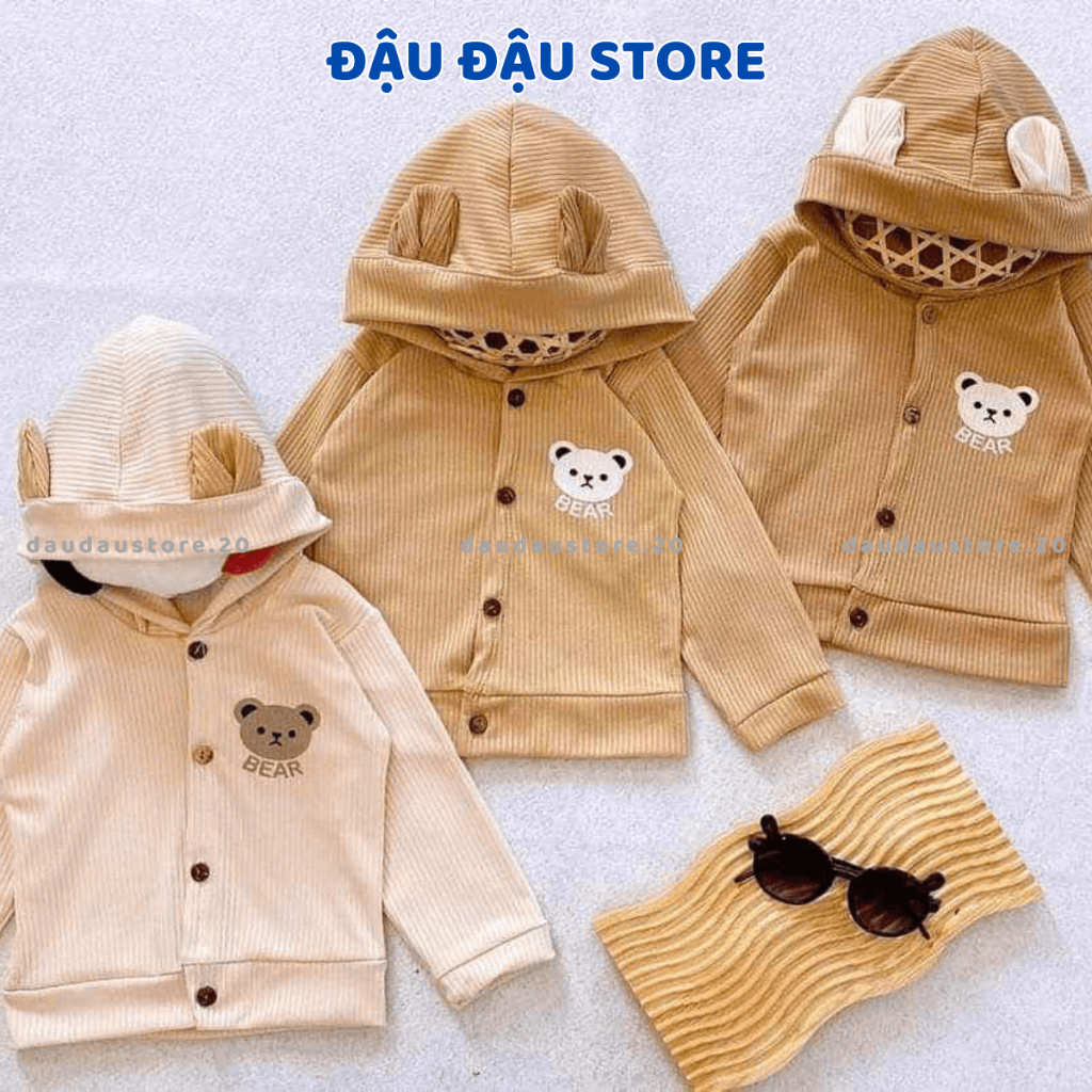 Áo Khoác Len Tăm Cho Bé Mặc 4 Mùa Mũ Tai Gấu Phong Cách In Ngực 3-10kg Đậu Đậu Store