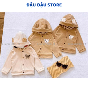 Áo Khoác Len Tăm Cho Bé Mặc 4 Mùa Mũ Tai Gấu Phong Cách In Ngực 3-10kg Đậu Đậu Store