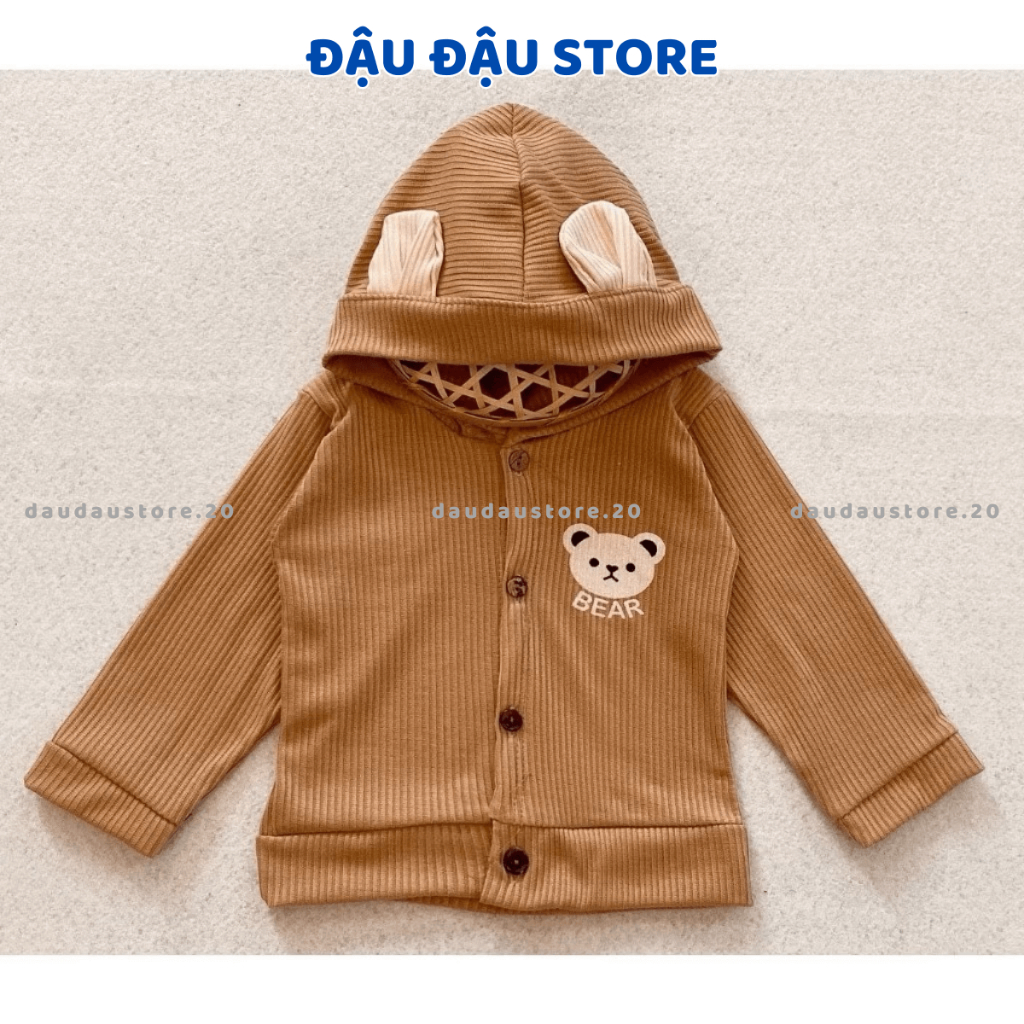 Áo Khoác Len Tăm Cho Bé Mặc 4 Mùa Mũ Tai Gấu Phong Cách In Ngực 3-10kg Đậu Đậu Store
