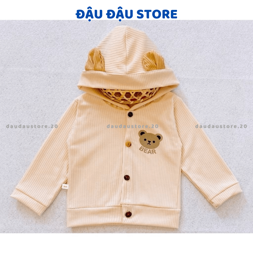 Áo Khoác Len Tăm Cho Bé Mặc 4 Mùa Mũ Tai Gấu Phong Cách In Ngực 3-10kg Đậu Đậu Store