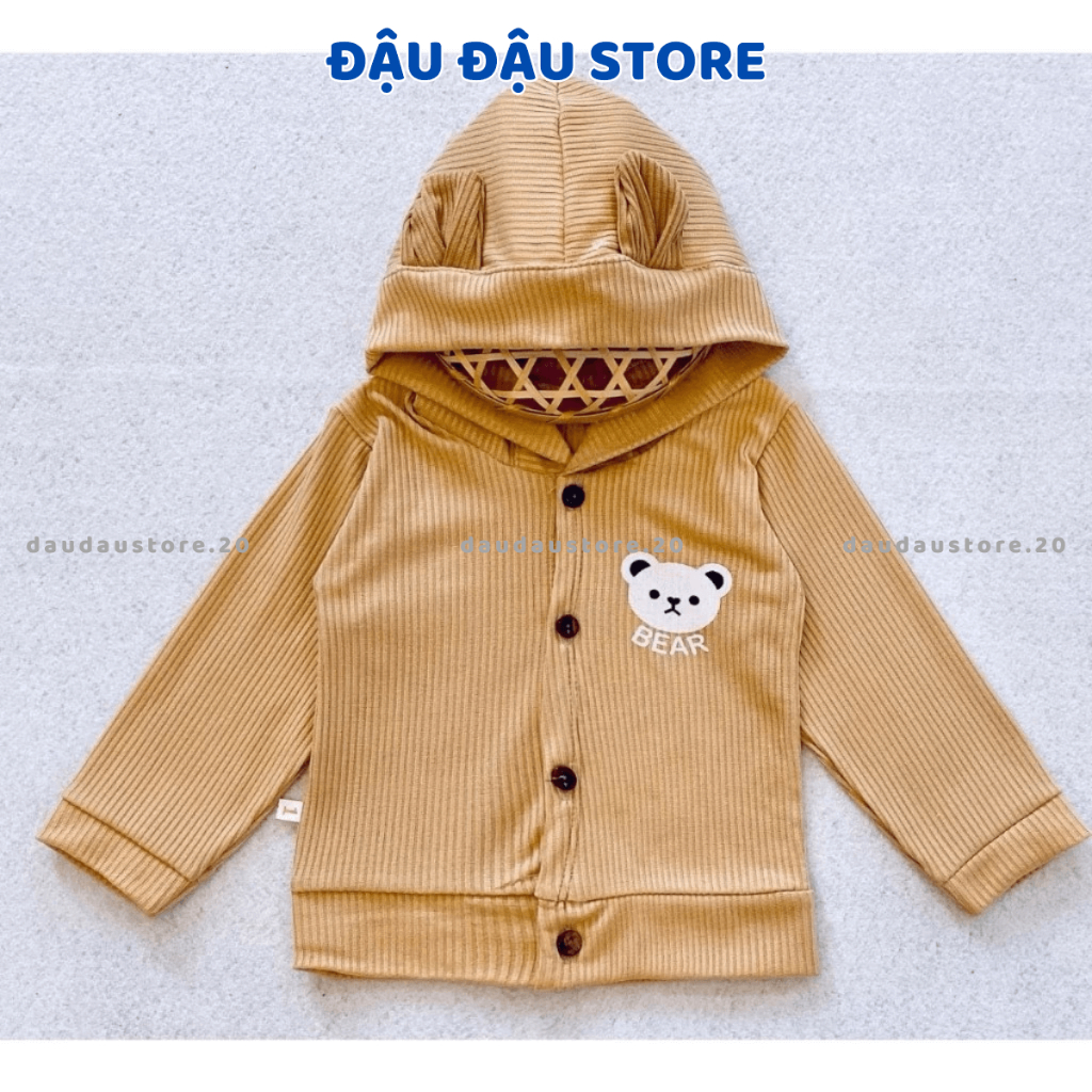 Áo Khoác Len Tăm Cho Bé Mặc 4 Mùa Mũ Tai Gấu Phong Cách In Ngực 3-10kg Đậu Đậu Store