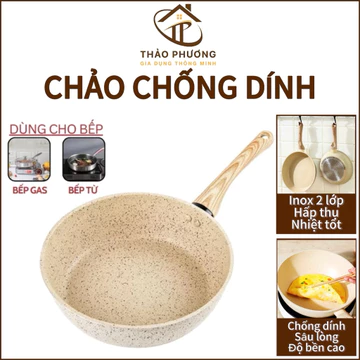 Chảo chống dính bếp từ sâu lòng 20/24/26/28cm - Chảo vân đá phủ lớp chống dính - Chảo sâu lòng chống dính cán gỗ