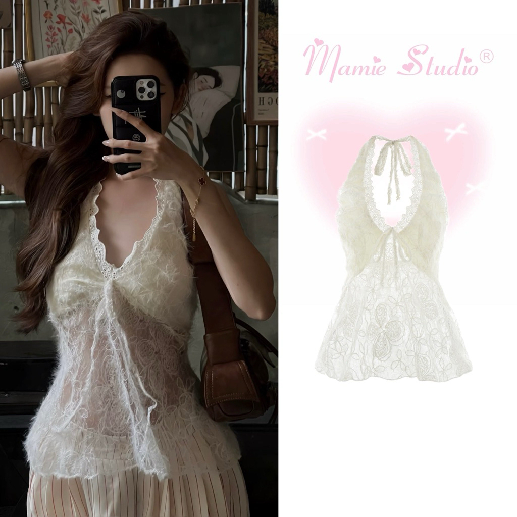 Áo yếm nữ ren Mamie có kèm mút, lưng chun, dây cột có thể điều chỉnh.