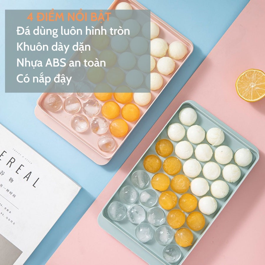 COMBO 5 Khay Đá Bi Tròn Tủ Lạnh 33 Viên Có Nắp Đậy Việt Nhật , Khuôn LàmThạch Hoa Quả Hình tròn