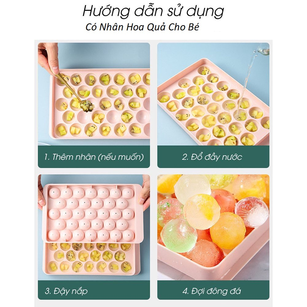 COMBO 5 Khay Đá Bi Tròn Tủ Lạnh 33 Viên Có Nắp Đậy Việt Nhật , Khuôn LàmThạch Hoa Quả Hình tròn