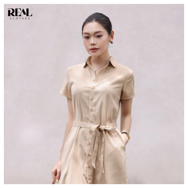 Đầm sơ mi linen dáng suông cơ bản REAL CLOTHES, CÓ TÚI, mềm mát, ít nhăn