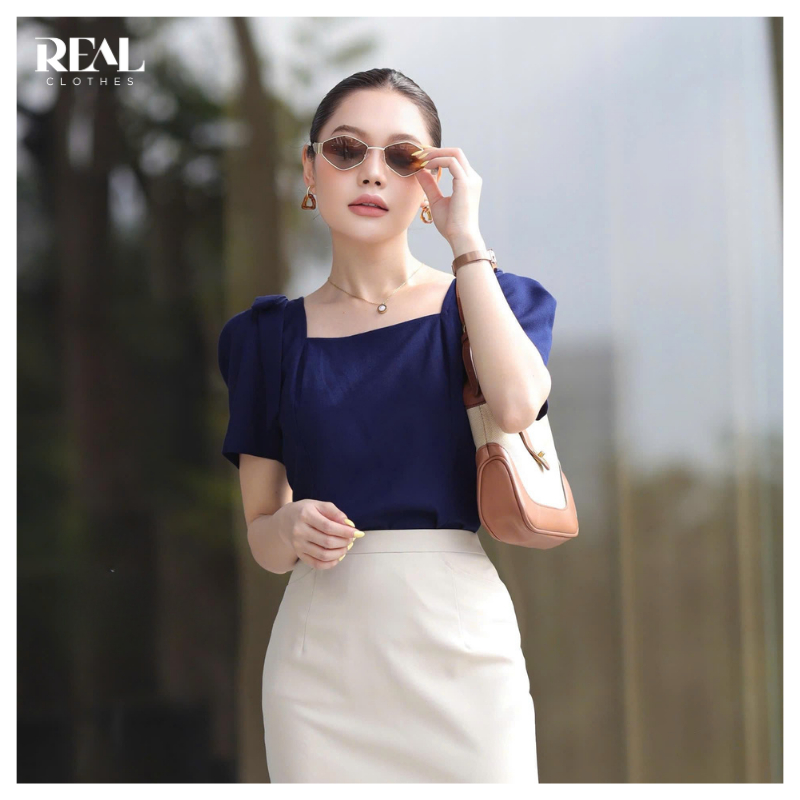 Áo kiểu tay ngắn cổ vuông đính nơ Tyler REAL CLOTHES (tổng hợp màu), vải linen pha lụa ít nhăn