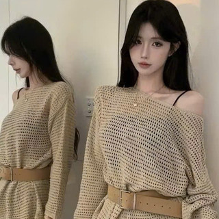 Áo Len Lưới Lệch Vai From Oversize Màu Nâu Tây Kèm ĐAI VÁY DA Bản To Cá Tính