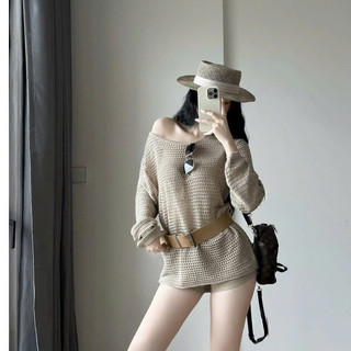 Áo Len Lưới Lệch Vai From Oversize Màu Nâu Tây Kèm ĐAI VÁY DA Bản To Cá Tính