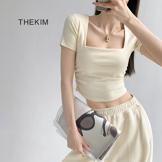 THEKIM Áo thun croptop tay ngắn , áo cổ vuông cho nữ may hai lớp vải  A112