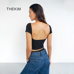 THEKIM Áo thun ngắn tay (mút ngực tháo rời) khoét lưng sâu , áo thun crotop ôm dáng chất liệu soft rib 100% cotton T349