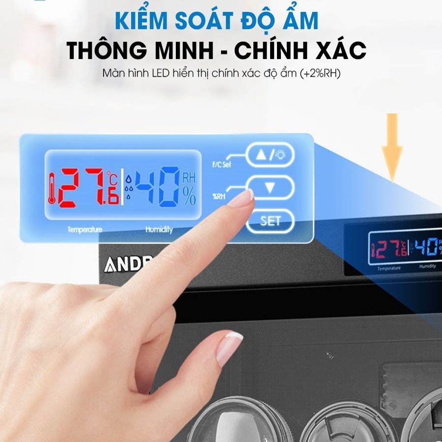 Tủ bảo quản chống ẩm máy ảnh ống kính AD-50S ANDBON, Tủ hút ẩm đồng hồ kỹ thuật số có khóa
