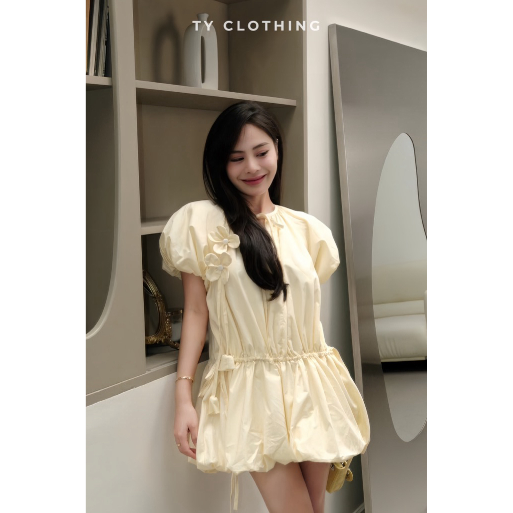 Set váy BaBy Doll rút dây kèm hoa - Hàng Thiết Kế - TY CLOTHING