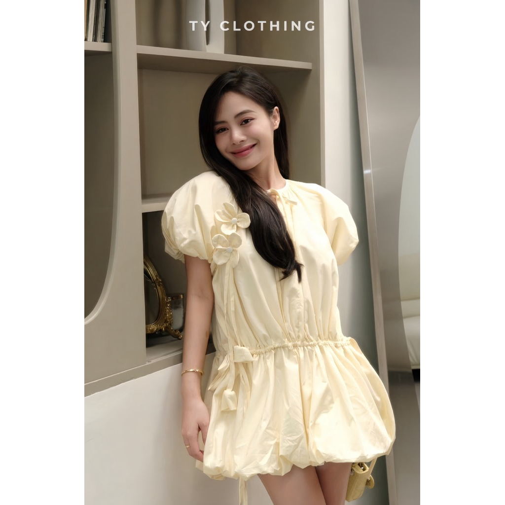 Set váy BaBy Doll rút dây kèm hoa - Hàng Thiết Kế - TY CLOTHING