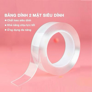Băng keo hai mặt trong suốt siêu dính, bám chặt trên mọi bề mặt, phù hợp cho trang trí tường chắc chắn.