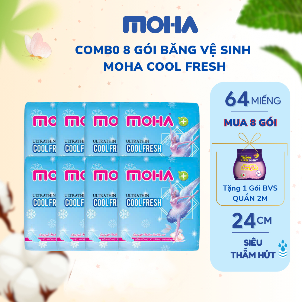 COMBO 8 GÓI băng vệ sinh có cánh MOHA COOL FRESH mát lạnh gói 8 miếng
