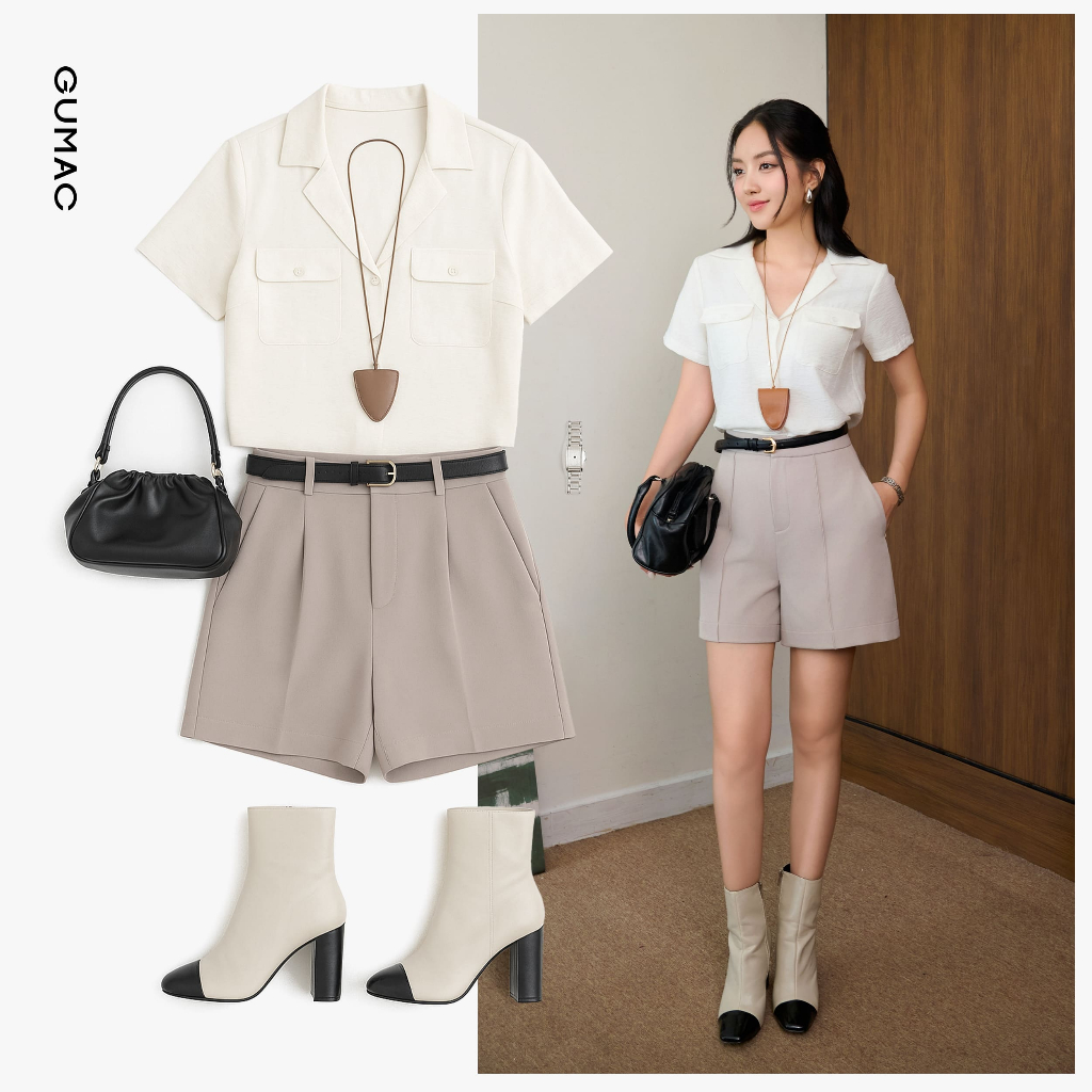 Áo Kiểu Nữ GUMAC Form Suông Tay Ngắn Cổ Danton Túi Đắp Trang Trí Hiện Đại AF07019