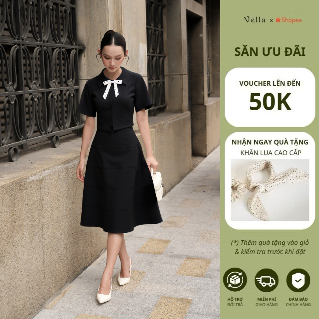 Set áo đen nơ cổ chấm bi + chân váy xòe A-line dáng dài công sở – Vella Fashion VA25062 & VV25063