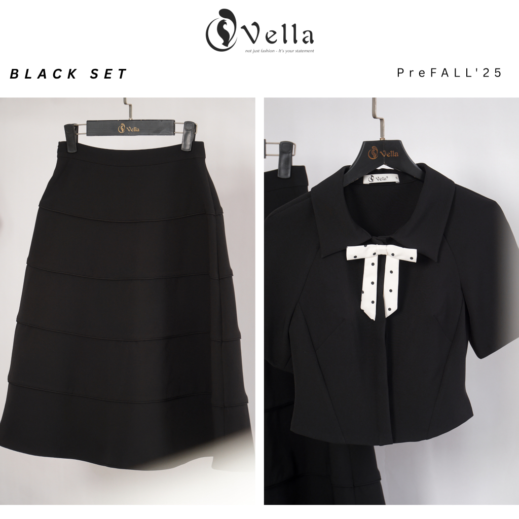 Set áo đen nơ cổ chấm bi + chân váy xòe A-line dáng dài công sở – Vella Fashion VA25062 & VV25063