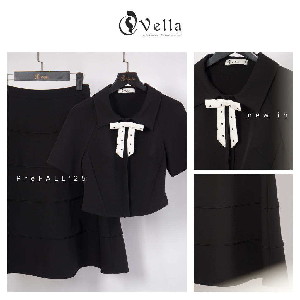Set áo đen nơ cổ chấm bi + chân váy xòe A-line dáng dài công sở – Vella Fashion VA25062 & VV25063