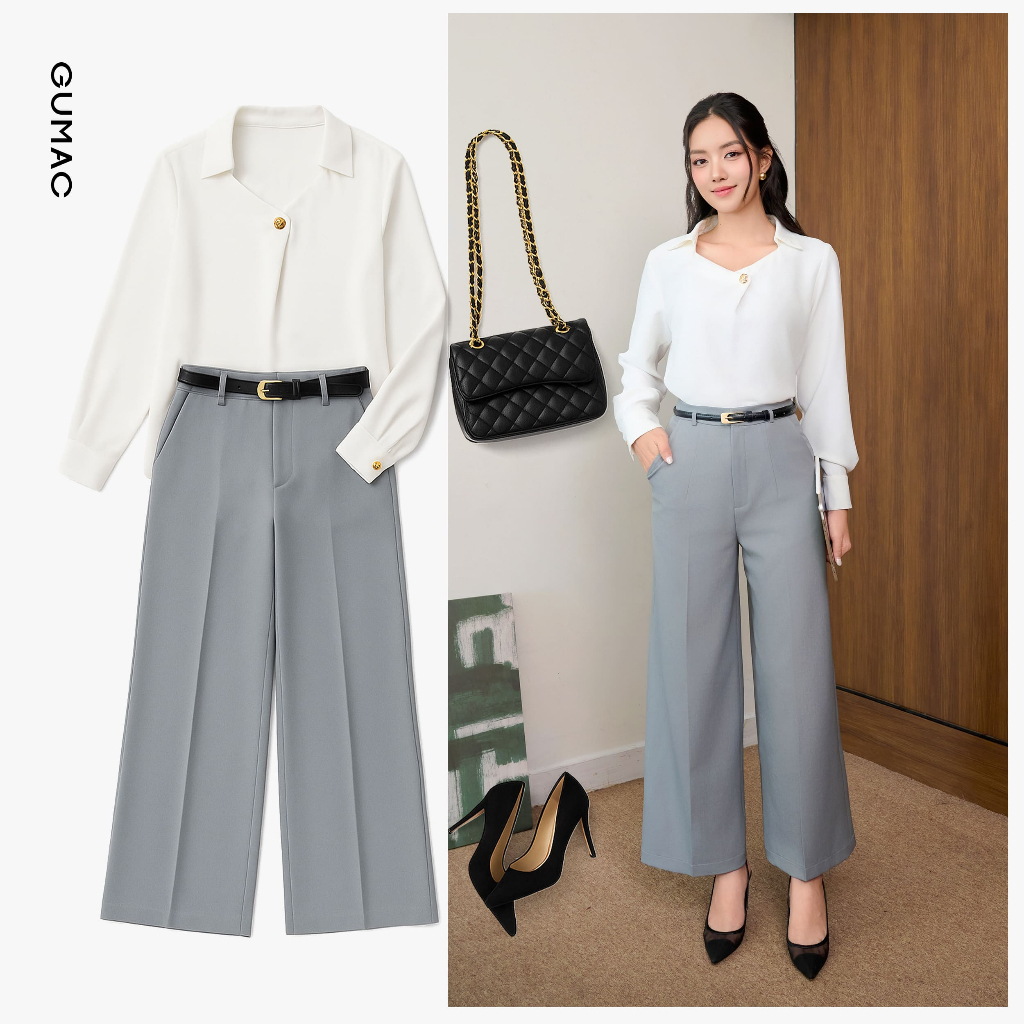 Áo Kiểu Nữ GUMAC Form Suông Tay Dài Măng Set Cổ Vuông Lá Cổ Sơ Mi Lụa Ý Mềm Tiểu Thư AF07028