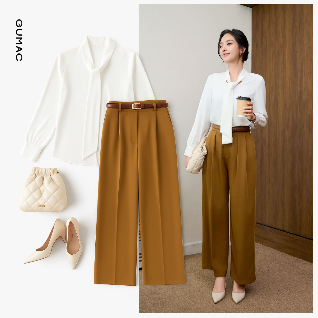Áo Sơ Mi Nữ GUMAC Áo Kiểu Lụa Ý Tay Dài Cổ Thắt Nơ Form Suông Công Sở Thanh Lịch AF07029