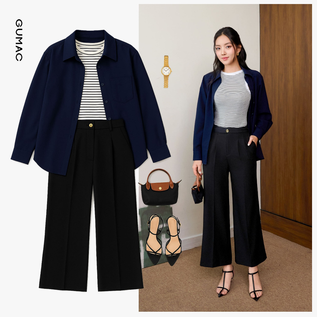 Áo Sơ Mi Nữ Tay Dài GUMAC Form Suông Vai Xệ Chất Kaki Thun Mềm Mát Công Sở AF07031