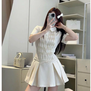 Đầm nữ tay ngắn phối bèo đính khuy bọc cao cấp MIU.STUDIO, Váy thiết kế cổ sen phối viền đính nơ tiểu thư thanh lịch