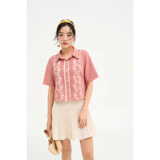 511SH1026 - Sơ mi caro đỏ thêu dọc hoa kem  ADORE