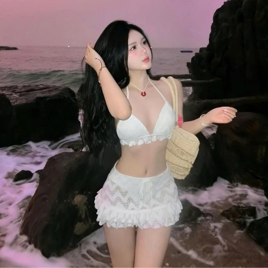 [ Video sp thực tế ] Set bikini Bra ren phối chân váy ôm ngắn MCA phong cách mùa hè đi biển S094