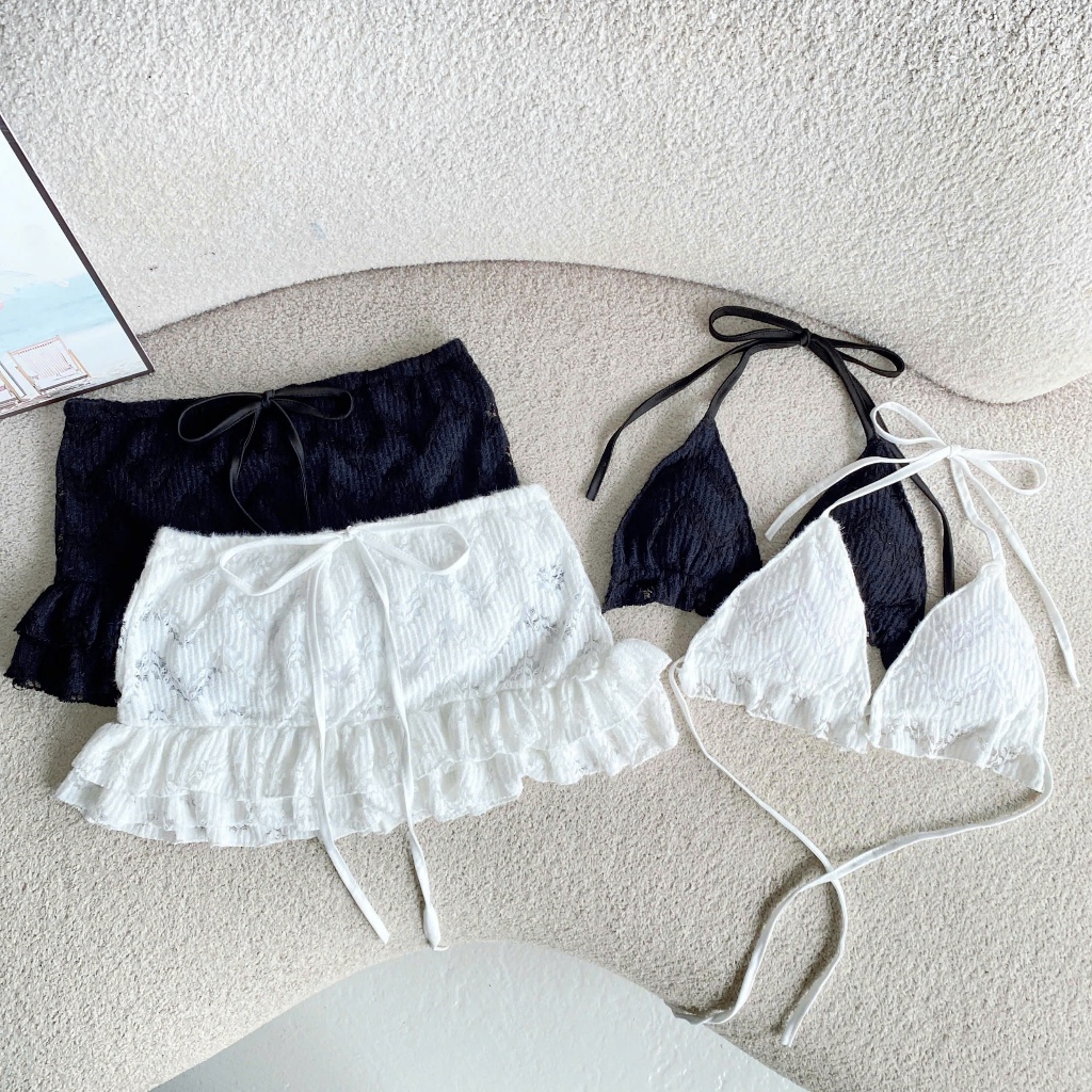 [ Video sp thực tế ] Set bikini Bra ren phối chân váy ôm ngắn MCA phong cách mùa hè đi biển S094