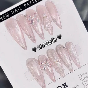Nail Box Thiết Kế Mắt Mèo, Móng Up Vẽ Vân Vỏ Sò Hồng Thạch Charm Nơ Aurora M23