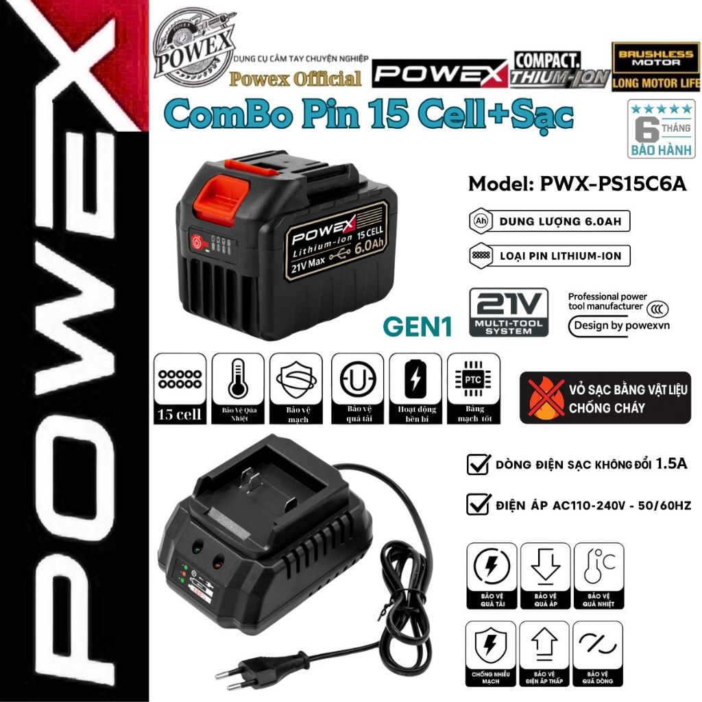 Combo Pin sạc Powex 21V- pin 10 cell 5.0Ah -15 cell 6.0Ah dung lượng ...