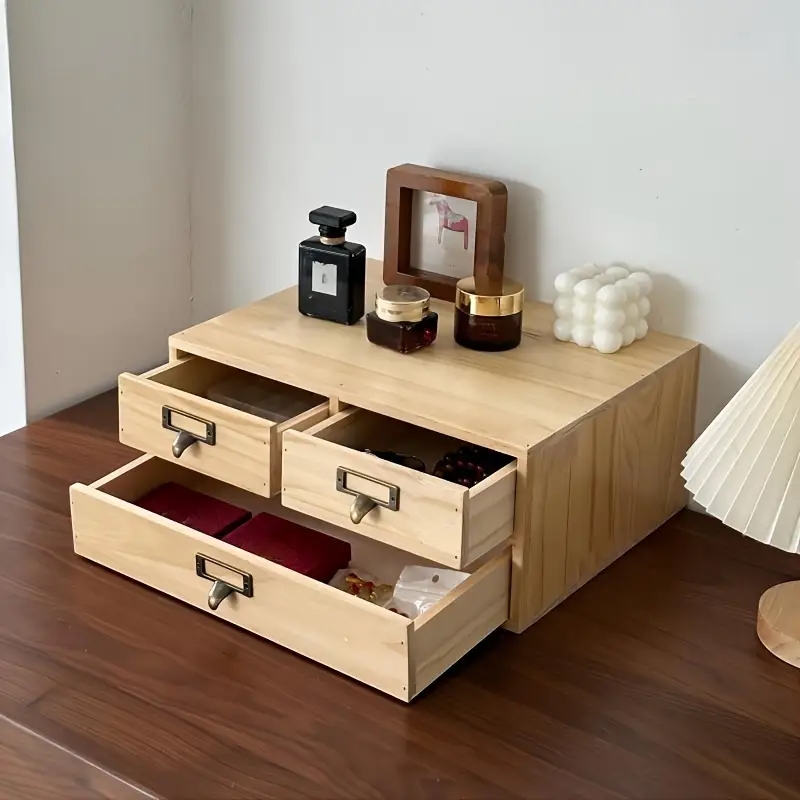 Hộp tủ lưu trữ để bàn loại ngăn kéo bằng gỗ tự nhiên đựng đồ mỹ phẩm, trang điểm, phụ kiện, dùng trong văn phòng
