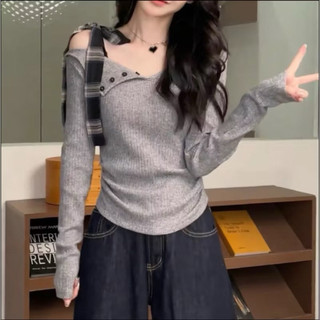 Áo thun kiểu nữ dài tay thun tăm xám cổ tim ôm body trễ vai đính cúc thu đông VANISA CT401