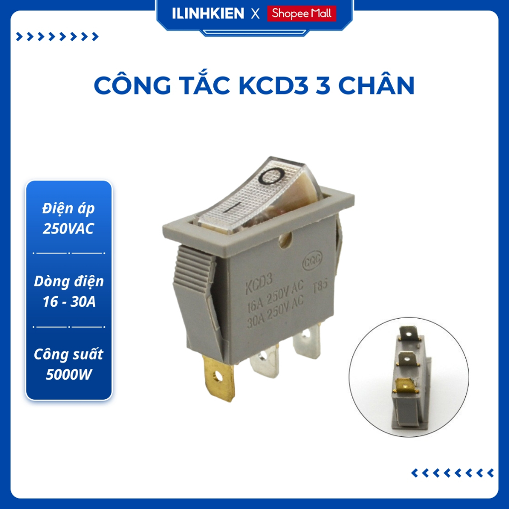 Công tắc bập bênh 3 chân KCD3 5000W 31x14mm chính hãng đảm bảo chất lượng ilinhkien.